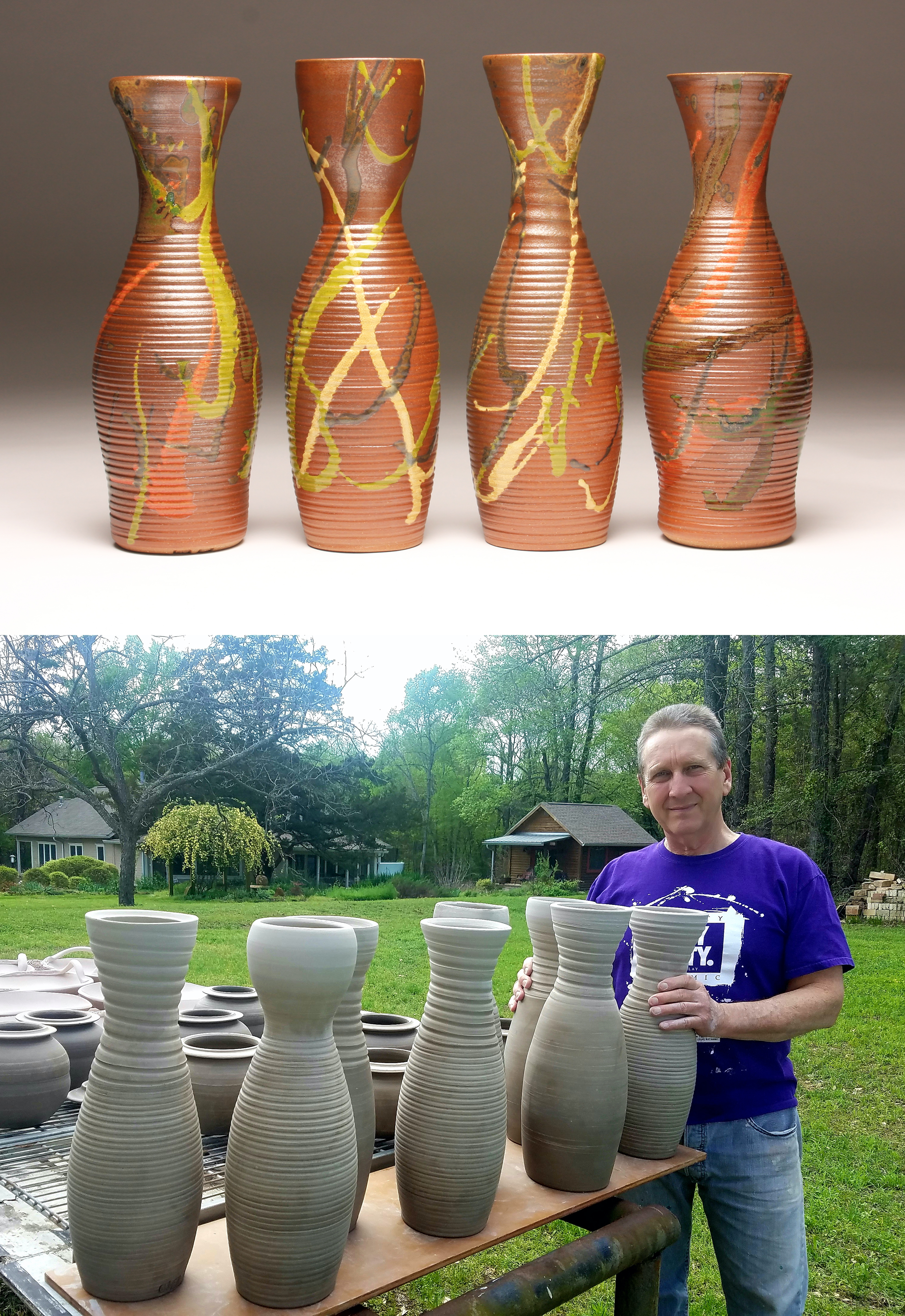 Gary Hatcher with his Carnival Bottles before and after the wood-firing process, 2017-18.