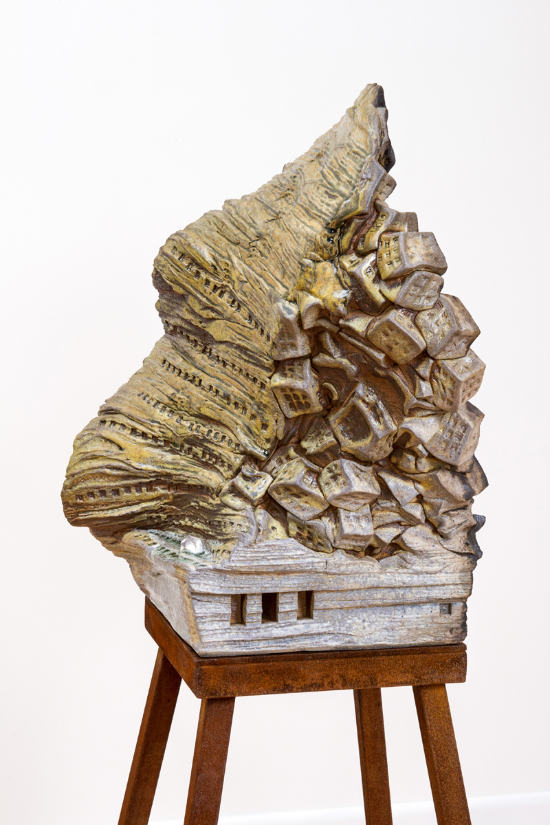 Tony Moore, Injustice Of Silence, 2017, 63 x 25 x 25 inches, wood-fired ceramic, porcelain, glass, steel. Photo Credit: Tony Moore