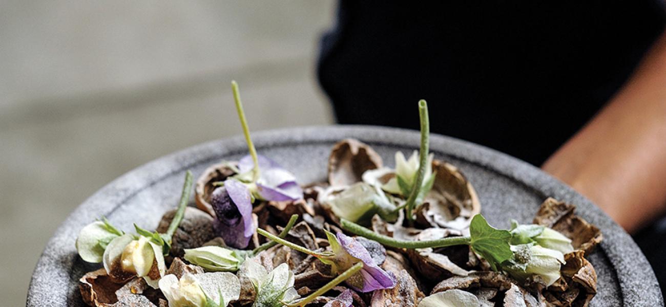 Serving plate with charcoal glaze by Australian potter Ben Richardson for Garagistes restaurant, Hobart, Tasmania. Culinary arts by Chef Luke Burgess. Photographs by Chris Crerar.