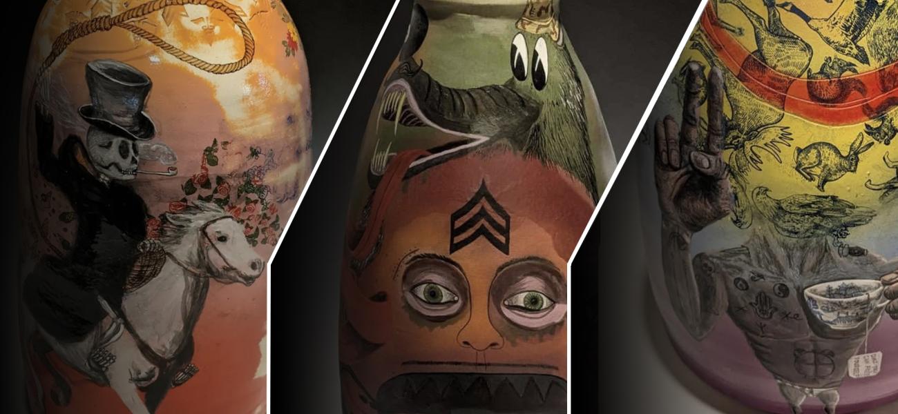 Jesse Albrecht LEFT: "Make A Wish," 2021; MIDDLE: "Front Toward Enemy," 2021;  RIGHT: "Jalapeno MRE Cheese N' Grandma Sissy's Willow Ware," 2022.