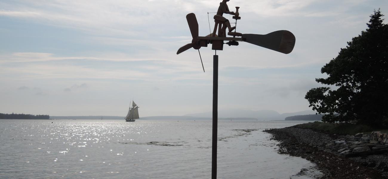 View from the front of Islesford Pottery: Great Cranberry Island, Mt. Desert, and Sutton Island. Whirligig by author. All photographs by author unless otherwise noted. 