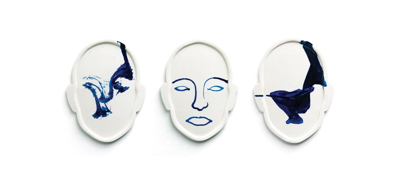 Adam Chau, Contour Plates, 2017. Pie-molded porcelain with CNC cobalt decoration, 8 x 7 x 0.25 in. Photograph by the artist.