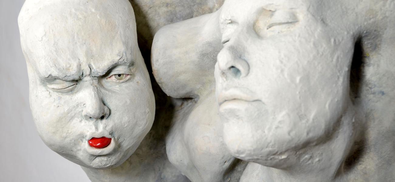 Teresa Larrabee, Cumulus, 2017. Cone 10 stoneware, underglaze, glaze, acrylic, thread. 22 x 17 x 12 in. Photo by author.