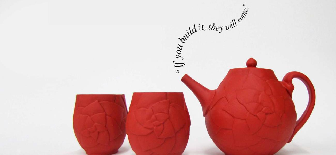 Haley Martin, Northridge High School, Layton, Utah. Red Teapot Set, 2018. 6.5x17x5.5 in. Wheel-thrown, altered, carved, layered underglaze. Winner of three awards at the 21st Annual National K-12 Ceramics Exhibition, Pittsburgh, Pennsylvania.