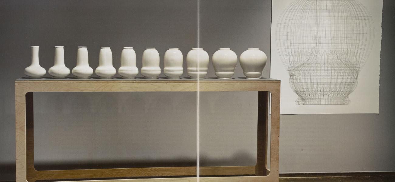 Del Harrow, Air_Breath, 2012. Slip cast porcelain, glaze, video, large drawing created using a graphite pencil attached to a CNC milling machine.