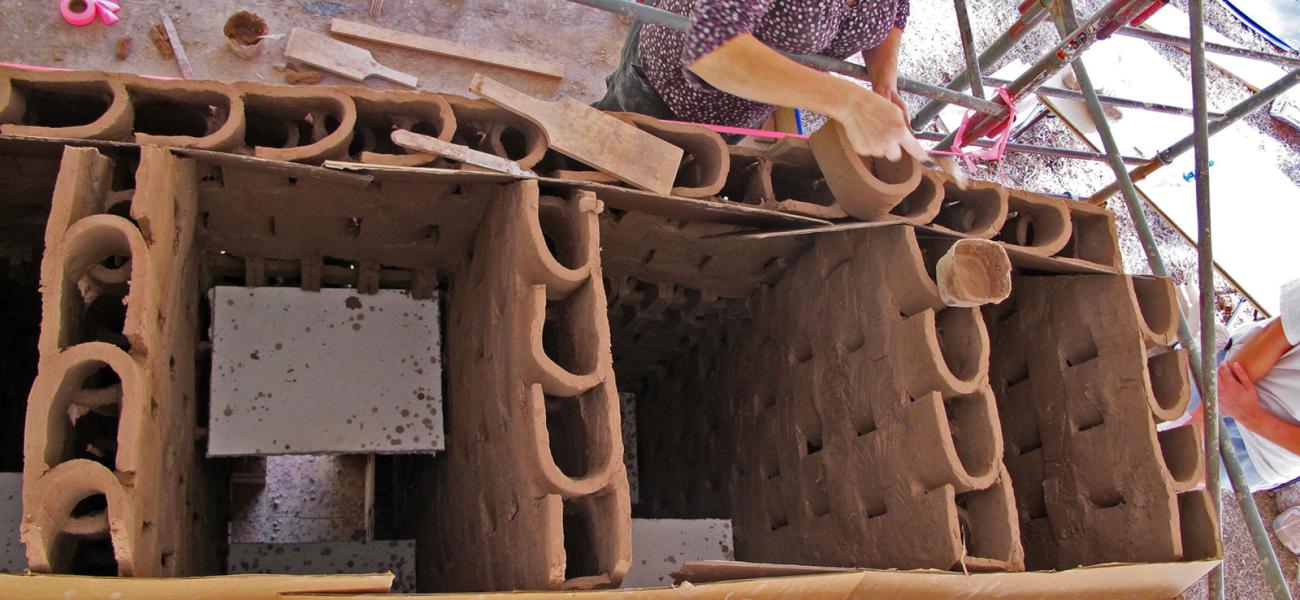 Hole constructs the foundation of her sculpture at the Cary Arts Center, Cary, North Carolina, 2012.