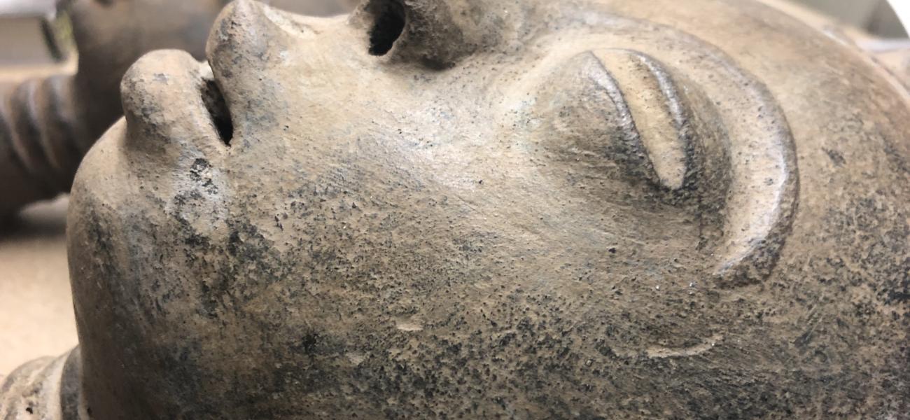 Artist Once Known, Memorial Head, circa 17th–mid-18th century. Ghana. Akan peoples. Terracotta, slip. Collection of Cheryl Olkes Collection at Chatham University. Photo by Chenoa Baker.