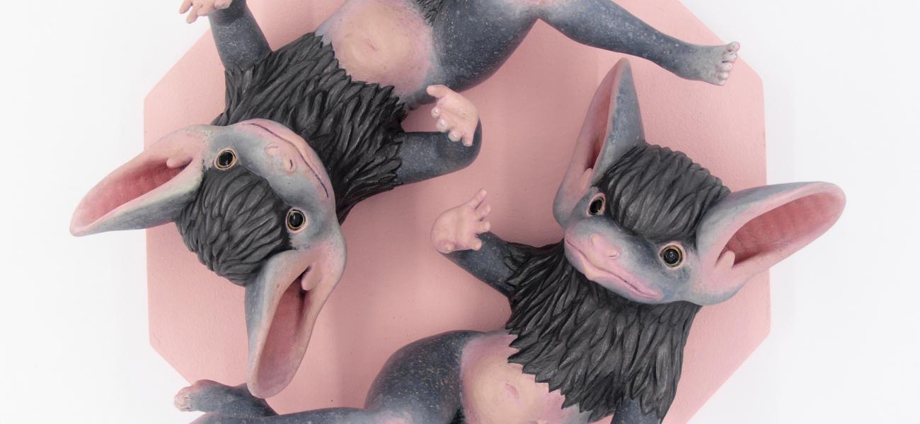 G.V. Kelley, Moonlit Dreamers (en Rose), Midrange ceramic, 2024, underglaze, glaze, graphite, mixed media, 11.25”x13”x6”