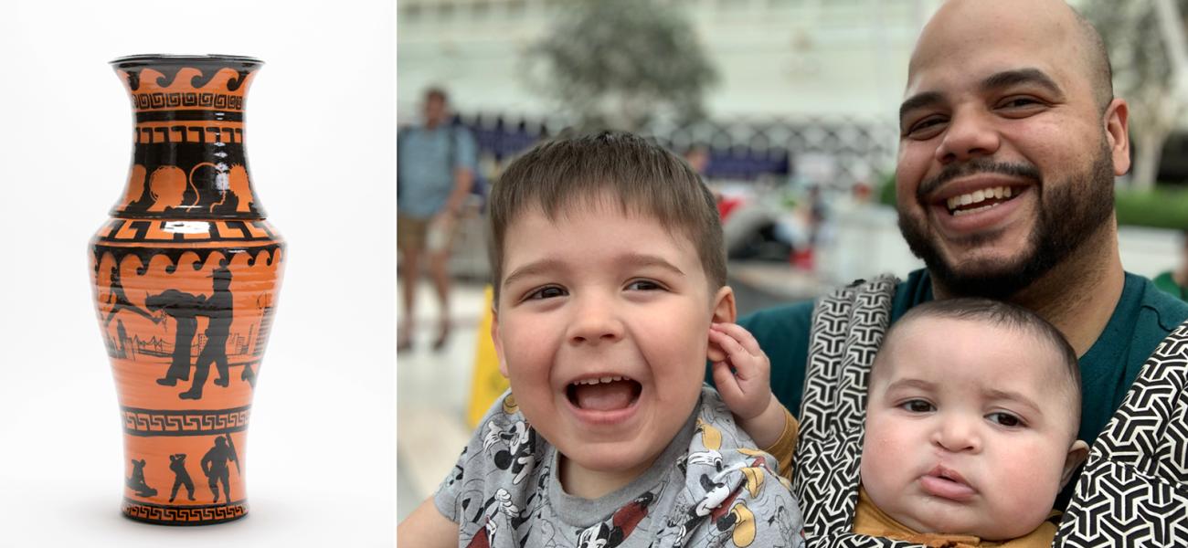 Left: Roberto Lugo, “Ghetto Krater​,” 2018. Photo courtesy of Wexler Gallery. Right: Roberto Lugo and his sons, 2019. Photo courtesy of the author. 