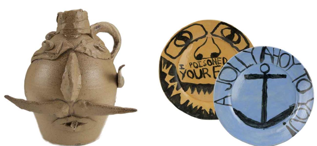Left: Collaborative Face Jug by McCarthy and his student, Ben Z. Right: Plates by Ben Z. 
