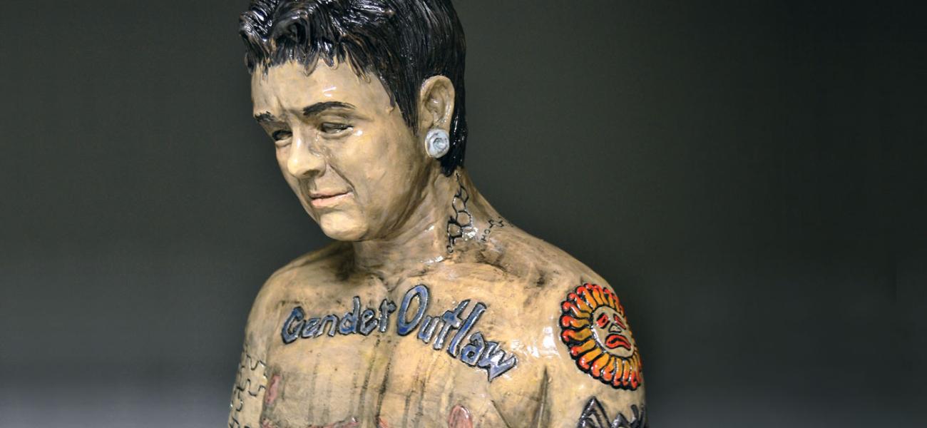 Mac McCusker, Top Surgery: 60 Days Post-Op. A Transgender Self-Portrait, 2016. White Earthenware, underglazes and glazes, Cone 04, 19 x 21 x 11 in. Photo by artist.