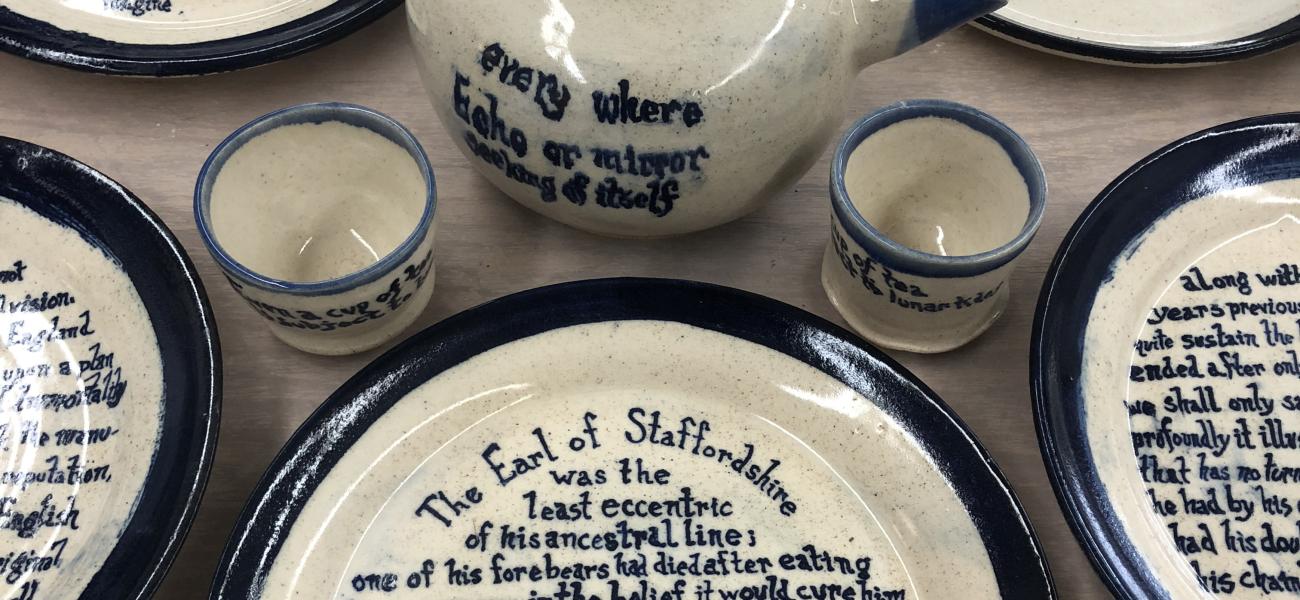 A dinner set for poet Mary Ruefle’s April 2020 reading at UMass Amherst has as a centerpiece a plate set inspired by her short prose piece “Old Immortality.” 