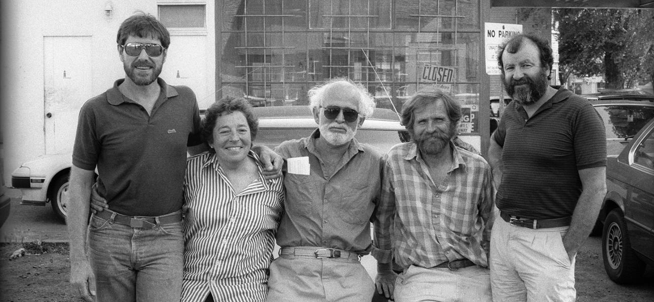 Ruth Rippon with Stephen Kaltenbach, Robert Arneson, Peter VandenBerge, and Gerald Walburg in downtown Sacramento, 1987. Photo courtesy of Michael Hough.