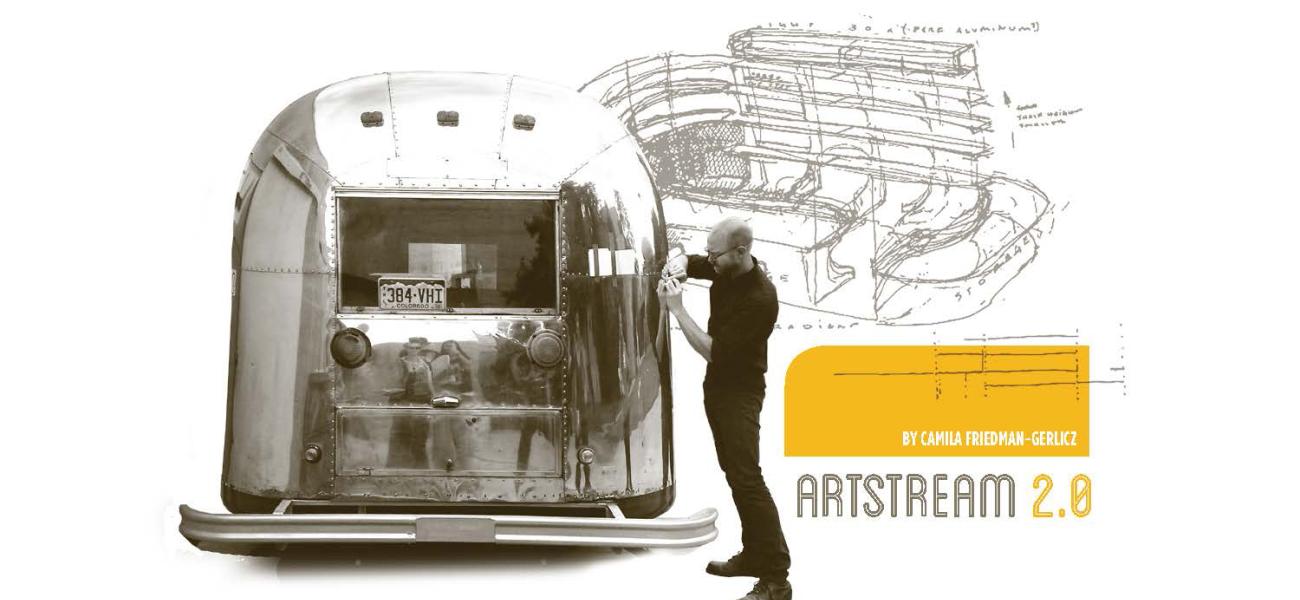 Del Harrow shows students how to take accurate measurements for use in creating the CAD model. Photograph: Kim Hudson, 2014. BEHIND, RIGHT: A sketch of Del’s ideas for the interior design of the Artstream, 2014.