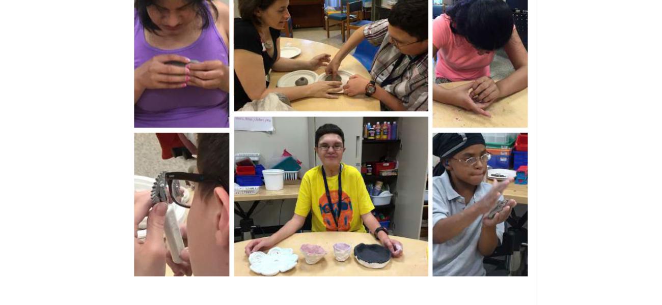 Students work with clay at the Perkins School for the Blind, Watertown, Massachusetts. Top, center: author Elizabeth Cohen (left) with a student.