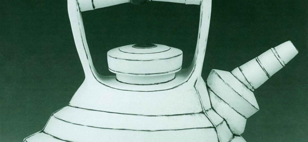 Christa Assad. Etched Pyramidal Iron Teapot, 2009. Stoneware, whee/thrown and constructed. 9 x 11 x 8 in. Photograph courtesy of Ferrin Gallery.