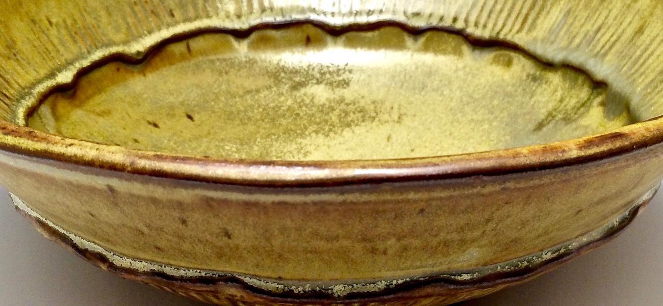 S.C. Rolf, large open bowl, wheel thrown, slip decoration, high fire reduction