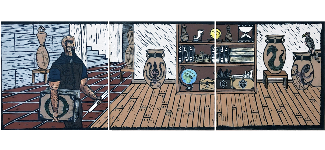 Paul Wandless, "Haymens Studio," Clay Monoprint, triptych.