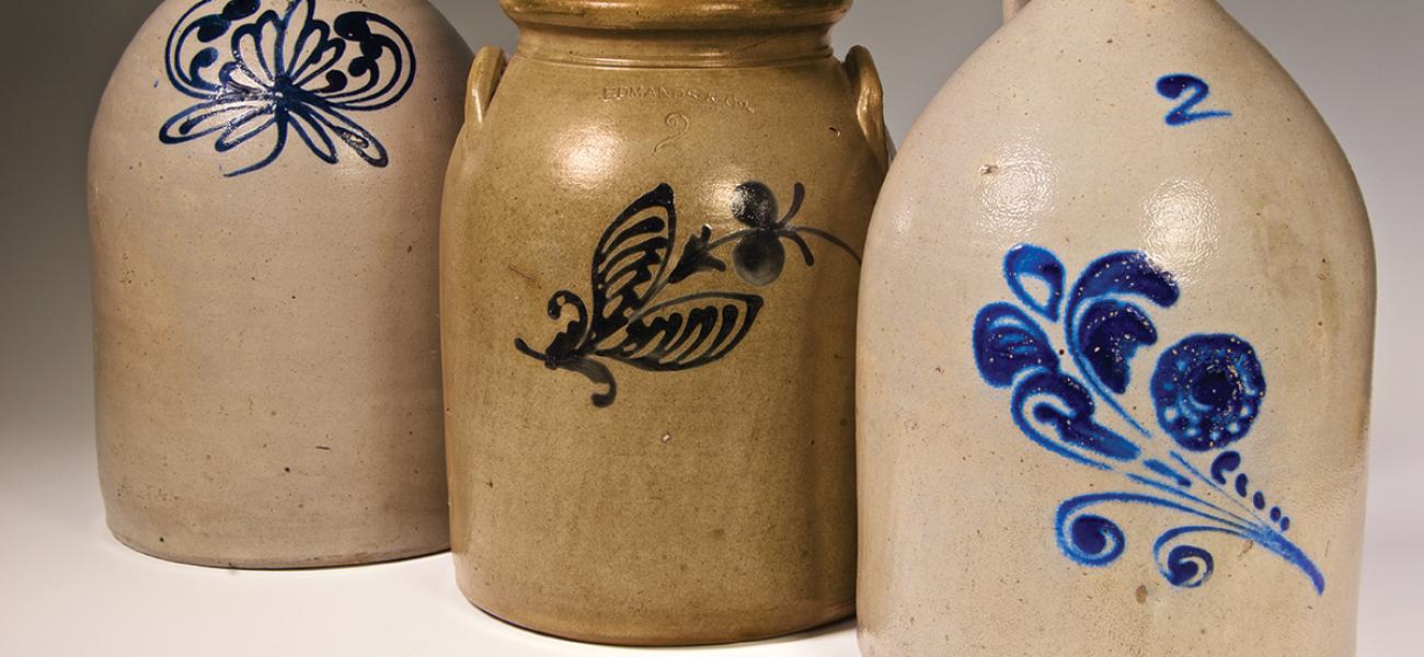 Edmunds & Co., Salt glazed stoneware jugs and jar with cobalt slip-tailed decoration. 14 x 8 in. (jugs), 13 x 8 in. (jar). Photo by Joseph Szalay.