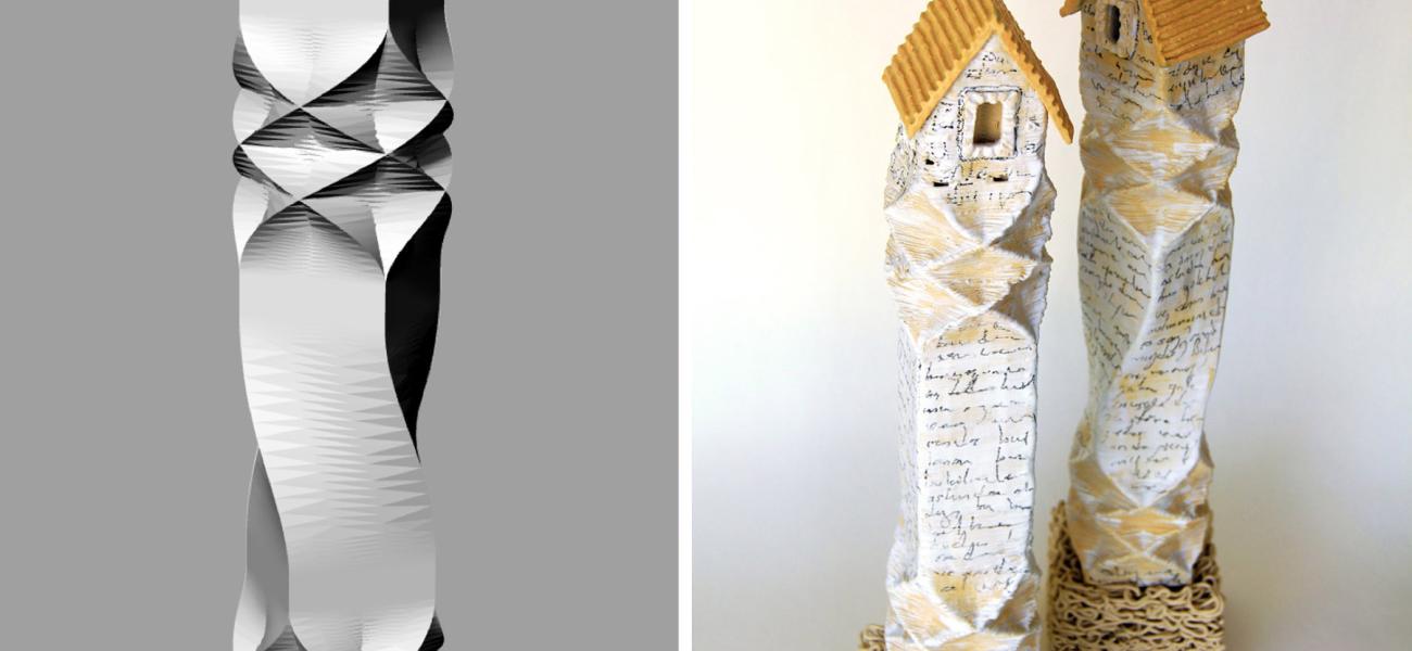 Sanver Özgüven. Natilius Houses Series, 2016. Digital rendering, left; finished sculpture, right.