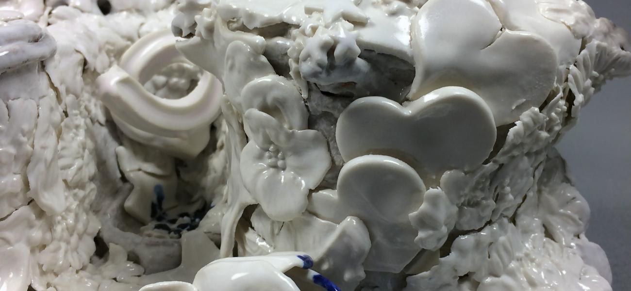 Hannah Walters, “Inkwell,” 15.75″x12″x6″, porcelain and crank clay with tin glaze