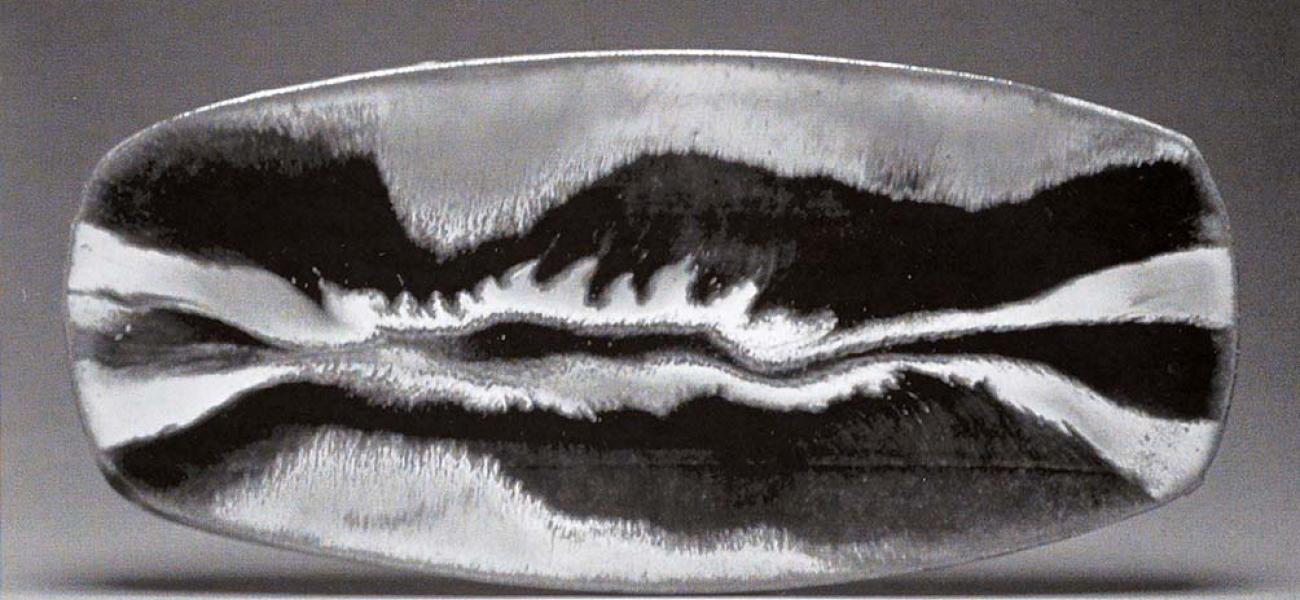 Ceramic Slab. Corn-stalk ash and glaze with copper and creek clay glaze. 22in.