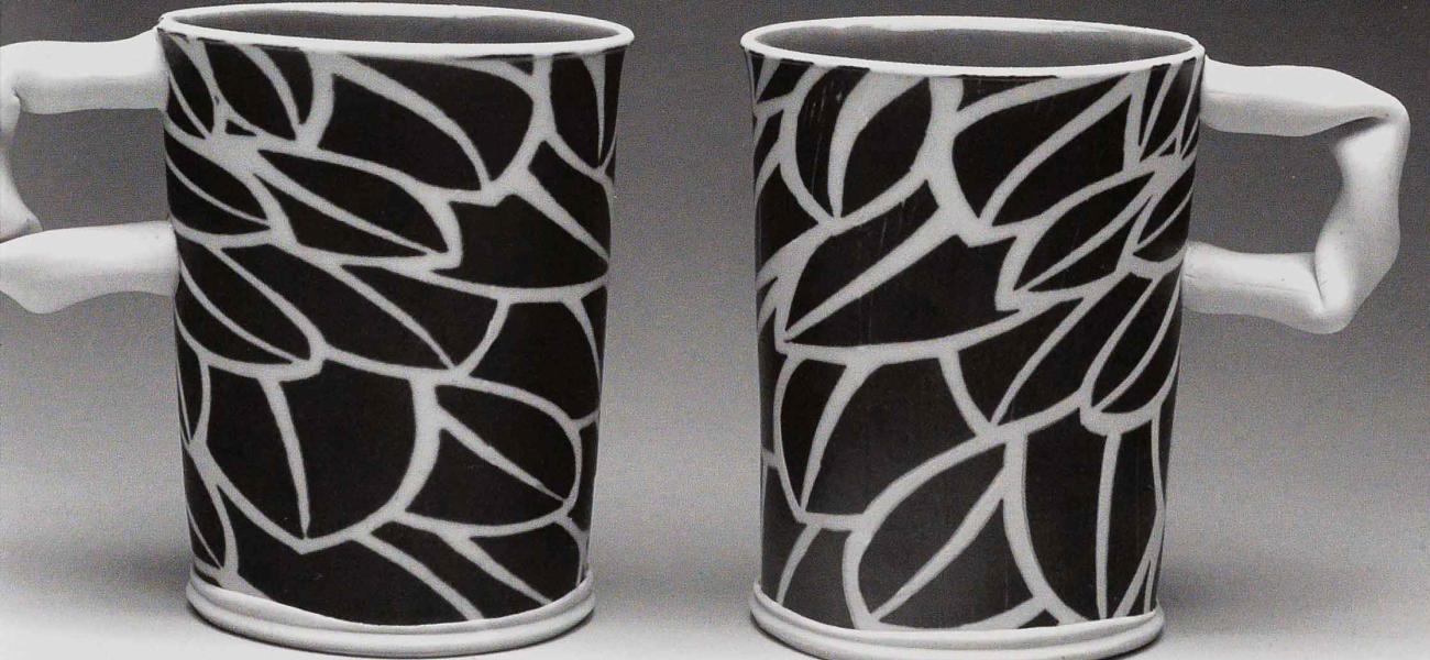 Coffee Cups 4.5 inches tall. 2007. Stoneware, inlaid black slip, stretched slabs, Cone 10 reduction.