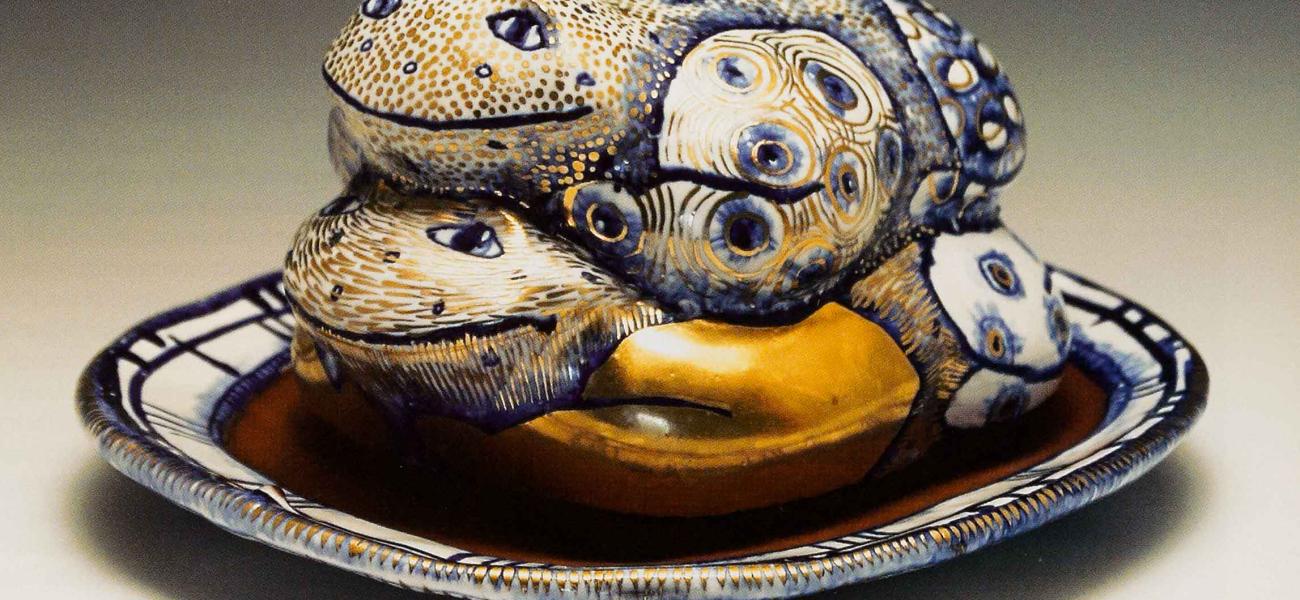 Frog Butter Dish, 2008. Terracotta, maiolica, luster, glass enamels.