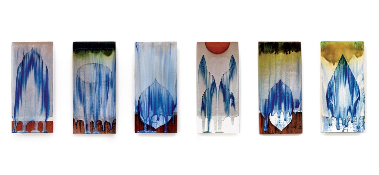 Cary Esser, Veils, 2015-16. Glazed earthenware tiles. Each approx. 16.5 x 7.5 x .25 in. Photograph by E.G. Schempf.