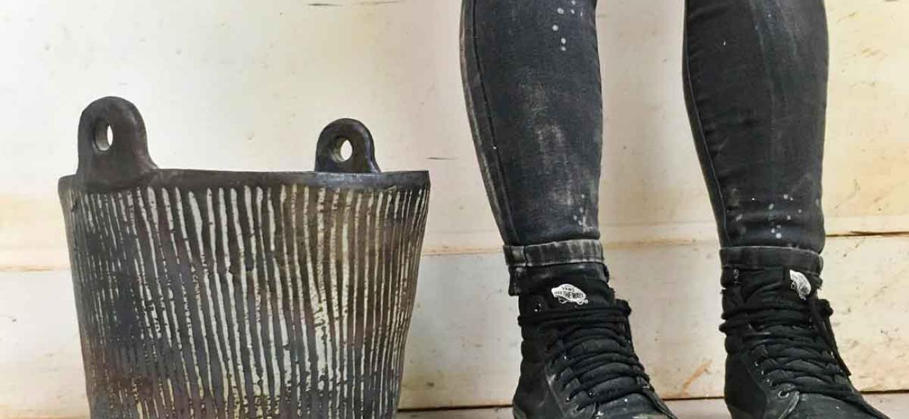 Melissa Weiss, Bucket with Pinstripes, 2017. 18x12 in. Coil-built. Wild clay custom stoneware body, slip, ash glaze, iron wash; fired to Cone 10  in gas-reduction and reduction-cooled. 