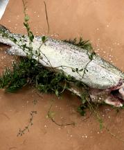 Local New York trout salted and packed with herbs on a clay slab. The trout is wrapped in the wet clay and baked in the oven. Chef Maricela Vega at Hartwick College Fall 2022.  Image Credit Stephanie A. Rozene