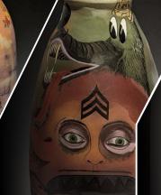 Jesse Albrecht LEFT: "Make A Wish," 2021; MIDDLE: "Front Toward Enemy," 2021;  RIGHT: "Jalapeno MRE Cheese N' Grandma Sissy's Willow Ware," 2022.