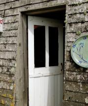 Islesford Pottery entrance; platter at right by author.