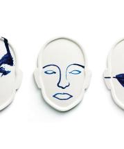 Adam Chau, Contour Plates, 2017. Pie-molded porcelain with CNC cobalt decoration, 8 x 7 x 0.25 in. Photograph by the artist.