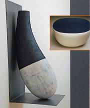 Left: Iqaluit, 2013. Ceramic, steel mixed media, 12 x 12 x 28 in. Inset:Kudlik (blue), 2013. Ceramic,mixed media, 22 x 15 x 16 in. All images courtesy of Lacoste Gallery.