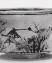 Incense burner with design of mountain retreat by Ogata Kenzan (1663-1743) Japan, Kyoto, Edo period. Stoneware with cobalt pigment under transparent glaze; gold lacquer repairs. H. 6.1 x 8.0 cm diam. Freer Gallery of Art, Smithsonian Institution.