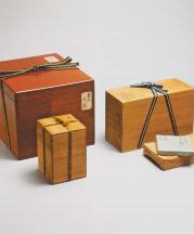 The lacquered outer box, the tea caddy box, the shifuku outer box, and the paper covers for tea caddy and shifuku boxes.