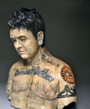 Mac McCusker, Top Surgery: 60 Days Post-Op. A Transgender Self-Portrait, 2016. White Earthenware, underglazes and glazes, Cone 04, 19 x 21 x 11 in. Photo by artist.