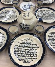 A dinner set for poet Mary Ruefle’s April 2020 reading at UMass Amherst has as a centerpiece a plate set inspired by her short prose piece “Old Immortality.” 