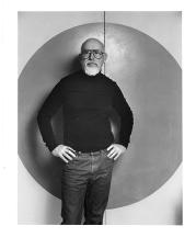 John Stephenson in front of his studio kiln room door, 1988. Photograph by Dirk Bakker.
