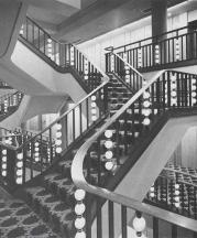 Lobby detail with 3-story, plum-colored terra cotta wall by Hardy, Holtzman, Pfeiffer, Associates, for the Ohio Theatre Galbreath Pavilion Addition, Columbus, Ohio (1984). (Photo: Cervin Robinson.)